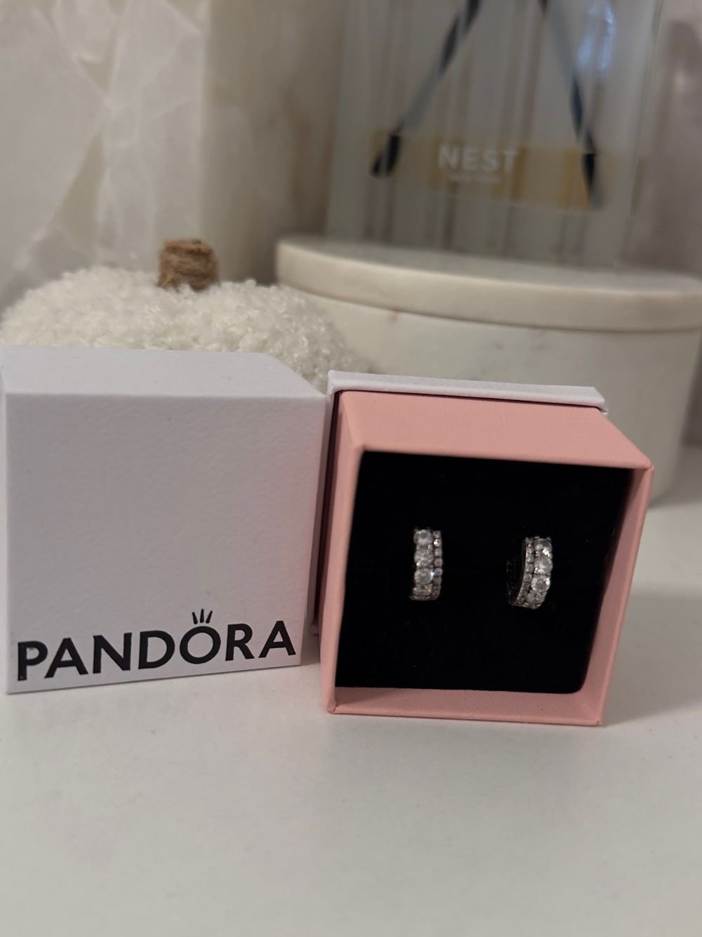 Pandora Silver Cubic Zirconia Hoop Huggie Earrings with Pink Box